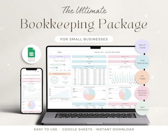 May include: A laptop computer displaying a Google Sheets spreadsheet with a bookkeeping package for small businesses. The spreadsheet has a light blue and pink color scheme and includes tabs for annual, quarterly, and monthly reports. The spreadsheet also includes a tax tracking section. The laptop is on a white surface with a Google Sheets icon and a smartphone displaying a similar spreadsheet in the background.