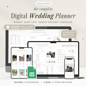 Pode incluir: Um planejador de casamento digital exibido em um laptop, tablet e smartphone. O planejador inclui orçamento, lista de convidados, rastreamento de fornecedores e recursos de lista de verificação. A imagem também destaca a versão atualizada, 24 guias e convites digitais gratuitos.