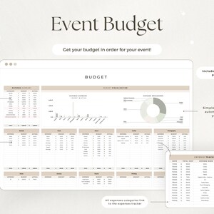 May include: A digital event budget planner template displayed on a screen, featuring an expense summary, budget visualization charts, and an expense tracker. The interface includes tables for categories, budget, and actual costs, with text labels.