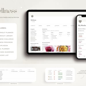 May include: A digital wellness app interface on a tablet and phone. The app includes features for workout planning, fitness challenges, meal planning, and grocery lists. The app is designed to help users organize their fitness and nutrition.