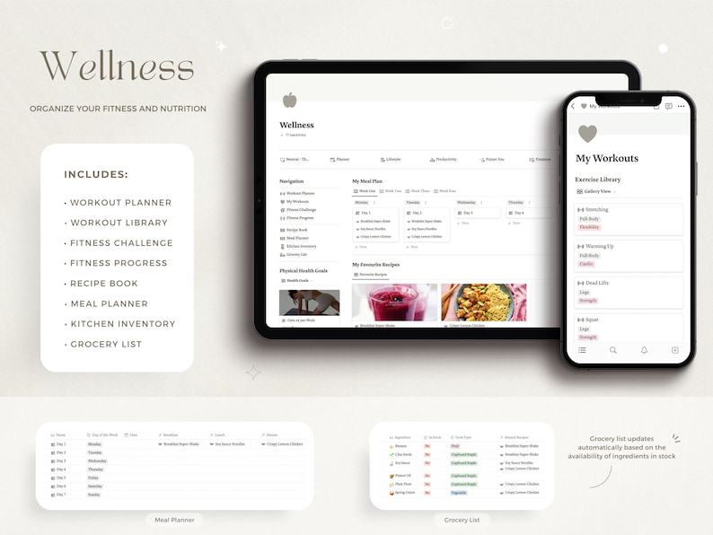 May include: A digital wellness app interface on a tablet and phone. The app includes features for workout planning, fitness challenges, meal planning, and grocery lists. The app is designed to help users organize their fitness and nutrition.