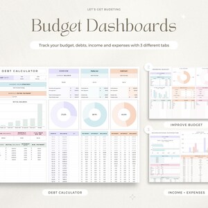 May include: Three printable budget dashboards with pastel colors. The first tab is a debt calculator, the second tab is an improve budget, and the third tab is income and expenses.