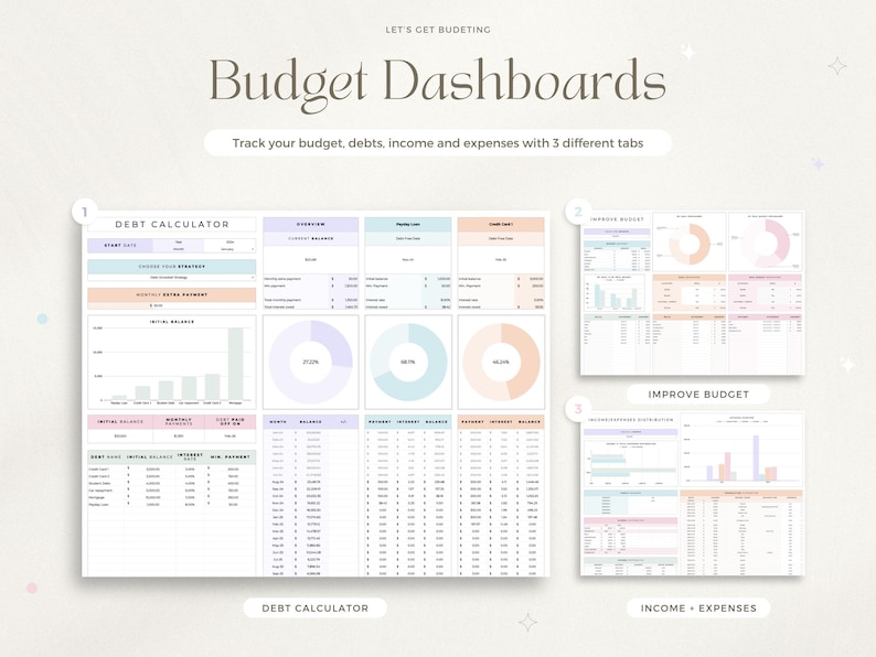 May include: Three printable budget dashboards with pastel colors. The first tab is a debt calculator, the second tab is an improve budget, and the third tab is income and expenses.