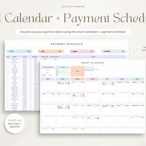 Puede incluir: Un planificador digital con el texto "Bill Calendar + Payment Schedule". El planificador incluye un calendario de pagos y un calendario inteligente. Tambi&eacute;n se ve el texto "Start on any day + month!"