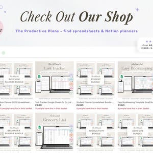 K&ouml;nnte beinhalten: Werbebild f&uuml;r The Productive Plans mit verschiedenen digitalen Planer-Bundles. Das Bild enth&auml;lt den Text &bdquo;Check Out Our Shop&ldquo; und zeigt Tabellenkalkulationen und Notion-Planer. Das Bild hebt auch einen Sale und Kundenbewertungen hervor.