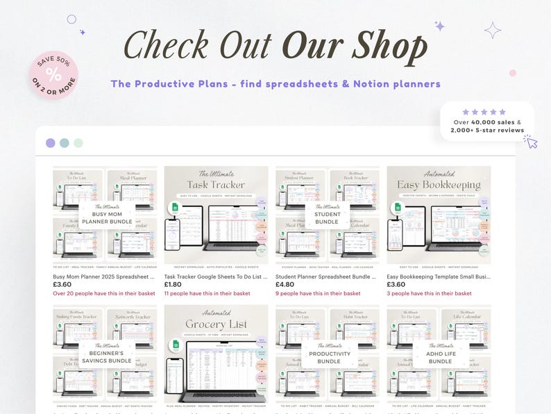 K&ouml;nnte beinhalten: Werbebild f&uuml;r The Productive Plans mit verschiedenen digitalen Planer-Bundles. Das Bild enth&auml;lt den Text &bdquo;Check Out Our Shop&ldquo; und zeigt Tabellenkalkulationen und Notion-Planer. Das Bild hebt auch einen Sale und Kundenbewertungen hervor.