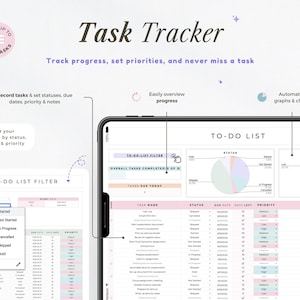 May include: A digital task tracker interface on a tablet. The screen displays a to-do list with task names, statuses, due dates, and priorities. The app features automated graphs and charts, and allows users to filter tasks by status, time, and priority.