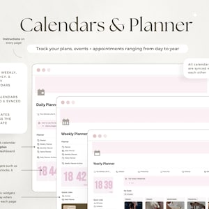 May include: Digital planner interface with the text "Calendars & Planner." The interface shows daily, weekly, and yearly calendars, all linked and synced. Includes widgets for weather, clocks, and music. The text "Track your plans, events + appointments ranging from day to year" is also visible.