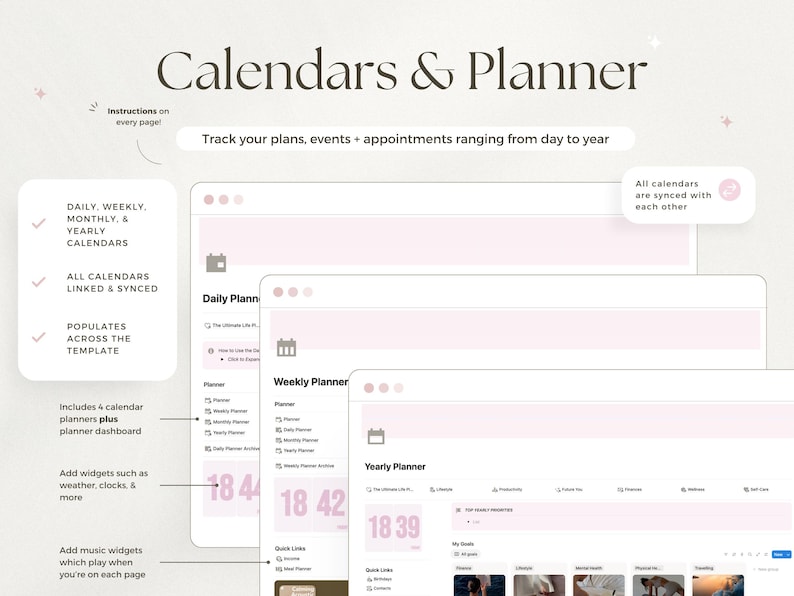 May include: Digital planner interface with the text "Calendars & Planner." The interface shows daily, weekly, and yearly calendars, all linked and synced. Includes widgets for weather, clocks, and music. The text "Track your plans, events + appointments ranging from day to year" is also visible.