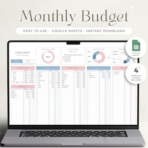 Könnte beinhalten: Ein Laptop-Bildschirm zeigt eine Google Sheets-Tabellenvorlage für ein monatliches Budget. Die Tabelle ist mit "Januar" betitelt und enthält Abschnitte für Einnahmen, Ausgaben und eine Budgetzusammenfassung. Die Tabelle ist in einem rosa und blauen Farbschema gestaltet.