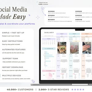May include: A laptop screen displays a social media planner template. The screen shows a calendar layout with sections for content planning, cost distribution, and post details. Text on the screen reads "Social Media Made Easy". The image also includes customer reviews.
