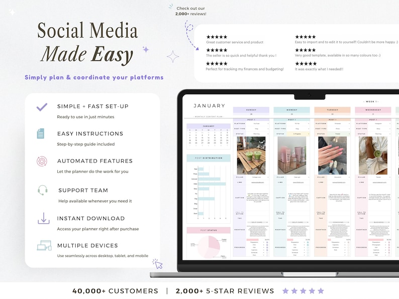 May include: A laptop screen displays a social media planner template. The screen shows a calendar layout with sections for content planning, cost distribution, and post details. Text on the screen reads "Social Media Made Easy". The image also includes customer reviews.