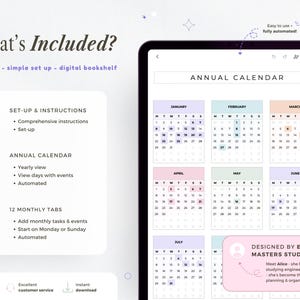 K&ouml;nnte beinhalten: Digitaler Jahreskalender auf einem Tablet. Er zeigt monatliche Registerkarten, eine Jahresansicht und erm&ouml;glicht das Hinzuf&uuml;gen von Aufgaben und Ereignissen. Einfaches, automatisiertes Design mit umfassenden Anweisungen.