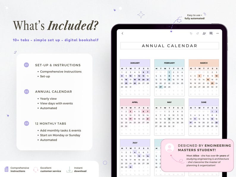 K&ouml;nnte beinhalten: Digitaler Jahreskalender auf einem Tablet. Er zeigt monatliche Registerkarten, eine Jahresansicht und erm&ouml;glicht das Hinzuf&uuml;gen von Aufgaben und Ereignissen. Einfaches, automatisiertes Design mit umfassenden Anweisungen.