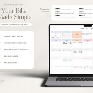 May include: A laptop computer displaying a Google Sheet template for a bill tracking calendar. The template is colorful and includes sections for each day of the month. The text on the screen reads "SMART CALENDAR". The text on the left side of the screen reads "Your Bills Made Simple. One tab to make tracking easy. Simple - Fast Set-Up. Instructions Included. Automated Calculations. Google Sheets. Any Currency."