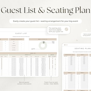 May include: A digital guest list and seating plan template featuring a beige and white interface. The layout includes sections for event summary, dietary requirements, RSVP distribution, guest contact information, and a table-based seating chart.