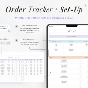 May include: An image showcasing an order tracker and setup guide. The text reads "Order Tracker + Set-Up" and "Monitor order details with comprehensive set-up." The guide includes steps for setting parameters, adding products, and tracking orders.