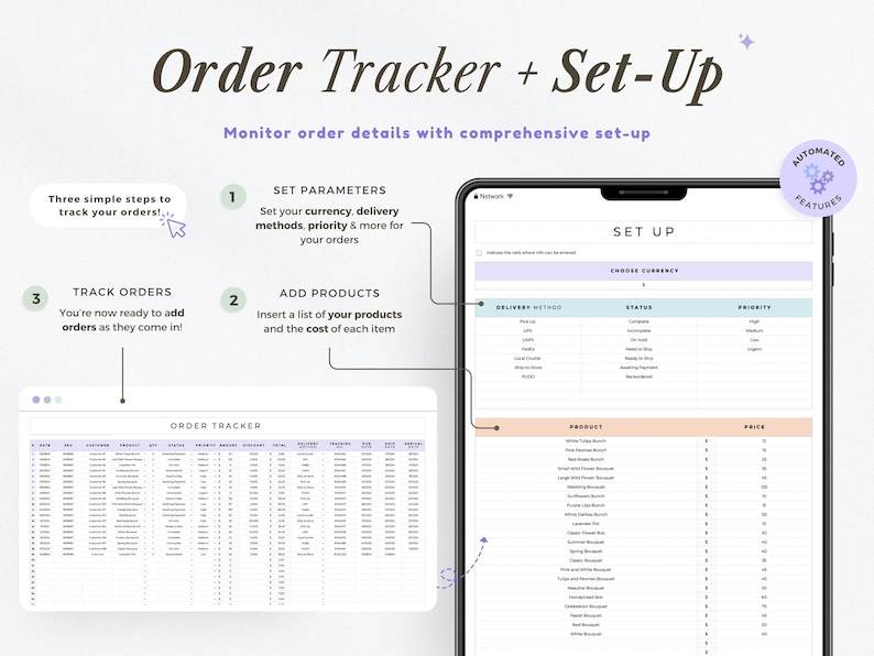 May include: An image showcasing an order tracker and setup guide. The text reads "Order Tracker + Set-Up" and "Monitor order details with comprehensive set-up." The guide includes steps for setting parameters, adding products, and tracking orders.