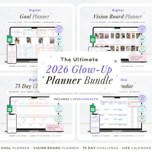 Op de afbeelding: Een digitale plannerbundel voor 2026, met vier spreadsheets: Goal Planner, Vision Board Planner, 75 Day Challenge en Life Calendar. Elke planner wordt weergegeven op een laptop en smartphone, met pictogrammen en tekst. De bundel bevat 4 spreadsheets.