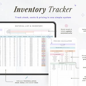 Op de afbeelding: Digitale inventarisatietracker met de titel "Inventory Tracker". De afbeelding toont een tablet met een materialenlijst en inventaris, en een prijscalculator. De tekst luidt "Track stock, costs & pricing in one simple system".