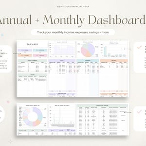 May include: A digital planner with pastel pink, blue, and green colors. The planner includes monthly dashboards, transaction trackers, and automatically populated charts. The text on the planner says "Annual + Monthly Dashboards" and "Track your monthly income, expenses, savings + more".