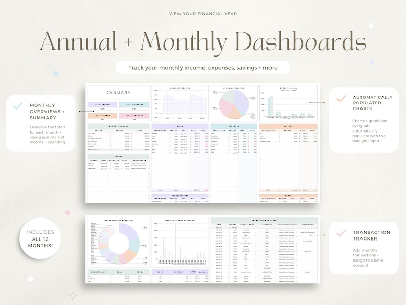 May include: A digital planner with pastel pink, blue, and green colors. The planner includes monthly dashboards, transaction trackers, and automatically populated charts. The text on the planner says "Annual + Monthly Dashboards" and "Track your monthly income, expenses, savings + more".