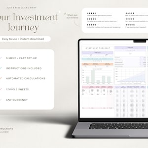 May include: A laptop screen displaying a Google Sheet with a light blue and pink color scheme. The sheet is titled "Investment Forecast" and includes charts and tables. The text "Your Investment Journey" is displayed on the left side of the image.