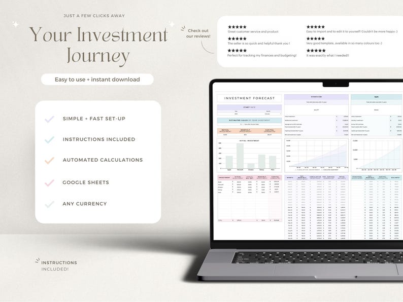May include: A laptop screen displaying a Google Sheet with a light blue and pink color scheme. The sheet is titled "Investment Forecast" and includes charts and tables. The text "Your Investment Journey" is displayed on the left side of the image.