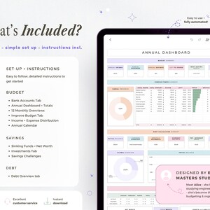 May include: A digital financial planner on a tablet, featuring an annual dashboard with budget, savings, and debt management sections. The screen displays charts and tables for financial tracking. Text includes "What's Included?" and "Annual Dashboard." The interface is designed for easy use.