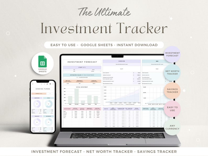 May include: A laptop computer displaying a Google Sheets spreadsheet with a colorful investment tracker. The spreadsheet includes sections for investment forecast, net worth tracker, and savings tracker. The text "The Ultimate Investment Tracker" is displayed at the top of the image.