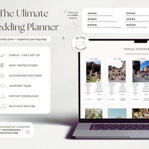 Puede incluir: Una computadora port&aacute;til muestra una interfaz de planificador de bodas titulada "The Ultimate Wedding Planner". La pantalla muestra una comparaci&oacute;n de lugares con varias pesta&ntilde;as. El dise&ntilde;o incluye iconos y texto como "Simple + Fast Set-Up".