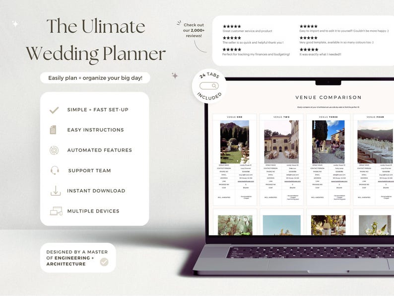 Puede incluir: Una computadora port&aacute;til muestra una interfaz de planificador de bodas titulada "The Ultimate Wedding Planner". La pantalla muestra una comparaci&oacute;n de lugares con varias pesta&ntilde;as. El dise&ntilde;o incluye iconos y texto como "Simple + Fast Set-Up".