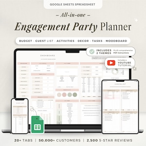 May include: A digital engagement party planner for Google Sheets displayed on a laptop, tablet, and smartphone. The interface features sections for budget, guest list, activities, decor, tasks, and a moodboard with soft pink and green accents.