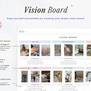 May include: A digital vision board template with sections for self-care, self-development, healthy eating, fitness, post content, and journaling. The board includes space for images and affirmations. Text on the board reads "Vision Board" and "Keep yourself accountable by creating your dream vision board."