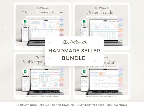 Small Business Google Sheets Bookkeeping Spreadsheet Inventory Tracker Product Handmade Order Tracker Pricing Calculator Tax Bill Calendar