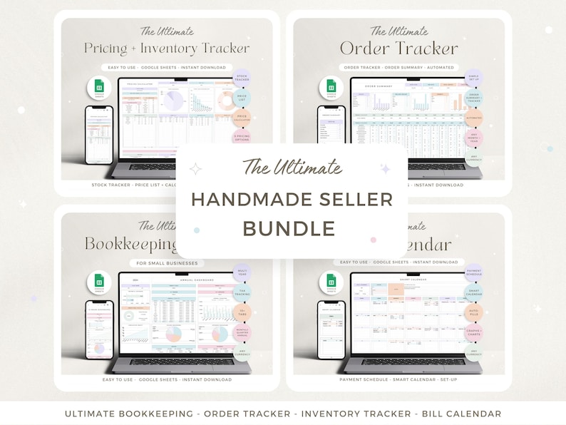 Pu&ograve; includere: Un pacchetto di prodotti digitali per venditori di prodotti fatti a mano, con quattro tracker: prezzi e inventario, ordini, contabilit&agrave; e calendario delle fatture. Ogni tracker &egrave; visualizzato su un laptop e uno smartphone.