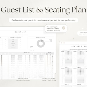 Puede incluir: Plantilla digital de planificaci&oacute;n de bodas con el texto "Guest List & Seating Plan". El dise&ntilde;o incluye secciones para listas de invitados, requisitos diet&eacute;ticos y planos de asientos. Permite hasta 500 invitados y la sincronizaci&oacute;n.