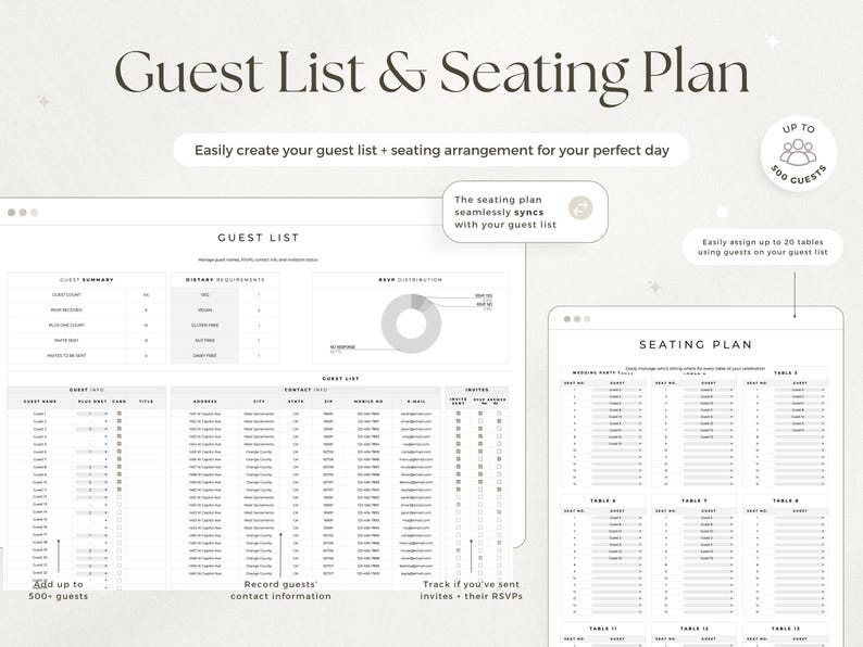 Puede incluir: Plantilla digital de planificaci&oacute;n de bodas con el texto "Guest List & Seating Plan". El dise&ntilde;o incluye secciones para listas de invitados, requisitos diet&eacute;ticos y planos de asientos. Permite hasta 500 invitados y la sincronizaci&oacute;n.