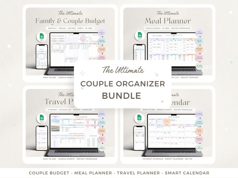 May include: A digital product bundle for couples, featuring four Google Sheets templates: Family & Couple Budget, Meal Planner, Travel Planner, and Smart Calendar. Each template is displayed on a laptop screen with a phone preview. The bundle is titled "The Ultimate Couple Organizer Bundle".