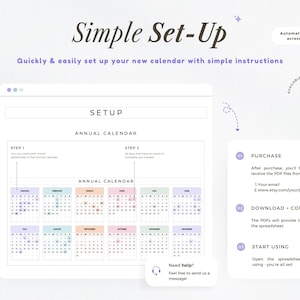 K&ouml;nnte beinhalten: Eine digitale Jahreskalendervorlage mit einem klaren, minimalistischen Design. Der Kalender zeigt monatliche Layouts in Pastellfarben an. Anweisungen zur Einrichtung und Verwendung sind enthalten, zusammen mit einem Hinweis auf die Verf&uuml;gbarkeit von Google Sheets.