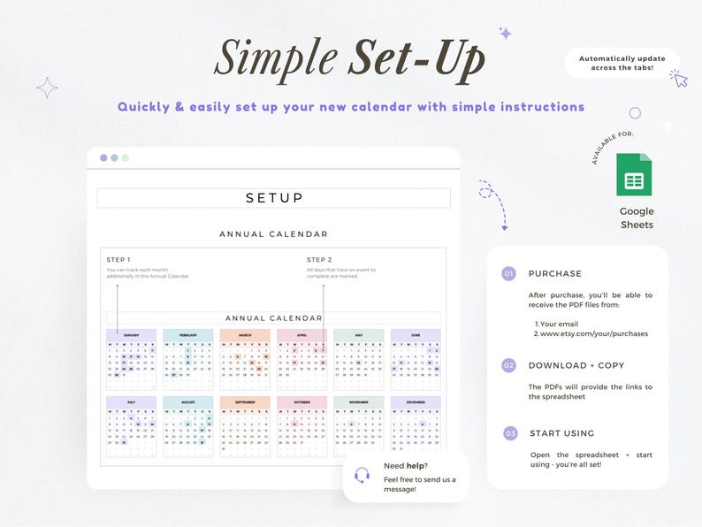 K&ouml;nnte beinhalten: Eine digitale Jahreskalendervorlage mit einem klaren, minimalistischen Design. Der Kalender zeigt monatliche Layouts in Pastellfarben an. Anweisungen zur Einrichtung und Verwendung sind enthalten, zusammen mit einem Hinweis auf die Verf&uuml;gbarkeit von Google Sheets.