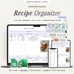 以下が含まれることがあります： Google SheetsおよびExcel用のデジタルレシピオーガナイザー。ノートパソコン、タブレット、スマートフォンにレシピカード、食事プラン、トラッカーが表示されています。テキストには「Ultimate Series Recipe Organizer」と記載されています。