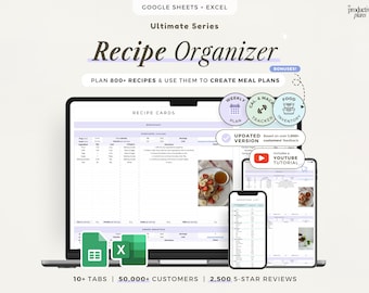 Recipe Organizer Spreadsheet Google Sheets Excel Meal Prep Planner Weekly Menu Grocery List Digital Recipe Book Recipe Log Food Organizer