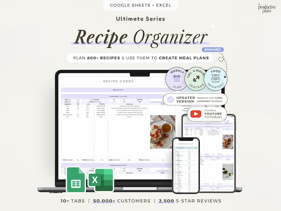 Recipe Organizer Spreadsheet Google Sheets Excel Meal Prep Planner Weekly Menu Grocery List Digital Recipe Book Recipe Log Food Organizer