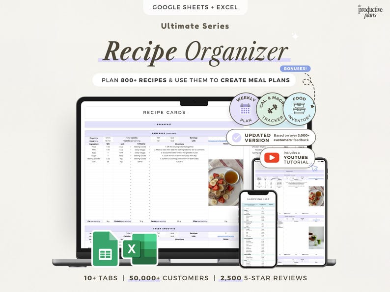 Recipe Organizer Spreadsheet Google Sheets Excel Meal Prep Planner Weekly Menu Grocery List Digital Recipe Book Recipe Log Food Organizer