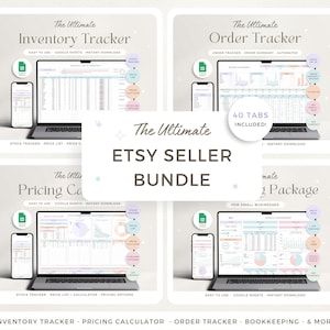 May include: An Etsy Seller Bundle graphic with four panels displaying digital trackers for inventory, orders, pricing, and bookkeeping. Each panel shows a laptop and smartphone with spreadsheet data. Text includes "The Ultimate Etsy Seller Bundle" and "Instant Download."