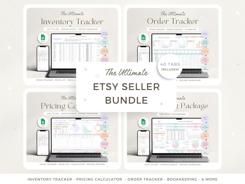 May include: An Etsy Seller Bundle graphic with four panels displaying digital trackers for inventory, orders, pricing, and bookkeeping. Each panel shows a laptop and smartphone with spreadsheet data. Text includes "The Ultimate Etsy Seller Bundle" and "Instant Download."