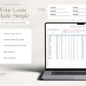 May include: A laptop computer displaying a spreadsheet with the title "Material List & Inventory". The spreadsheet has columns for item name, quantity, unit price, and total cost. The laptop is on a white surface. The text "Your Costs Made Simple" is displayed above the laptop.