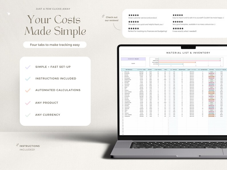 May include: A laptop computer displaying a spreadsheet with the title "Material List & Inventory". The spreadsheet has columns for item name, quantity, unit price, and total cost. The laptop is on a white surface. The text "Your Costs Made Simple" is displayed above the laptop.