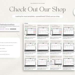 May include: A screenshot of an Etsy shop page for TheProductivePlans, featuring a variety of printable budget and meal planner templates. The shop offers a 50% discount when you buy two or more items. The templates are available in Google Sheets, Excel, and Google Docs formats.